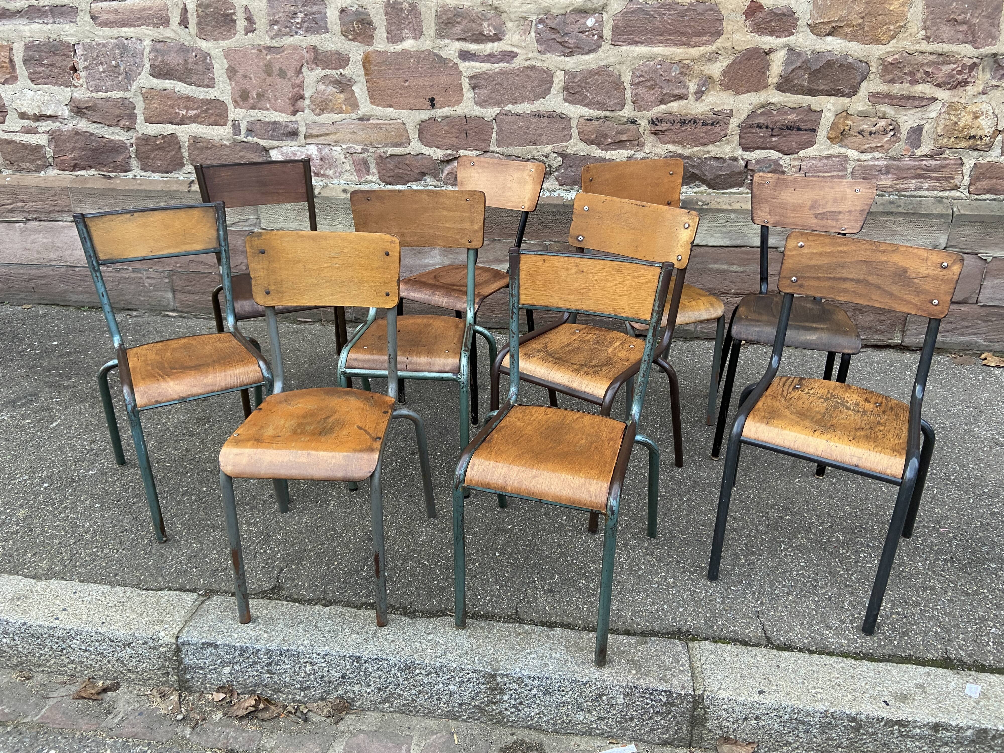 Set of 10 vintage mismatched industrial chairs mullca