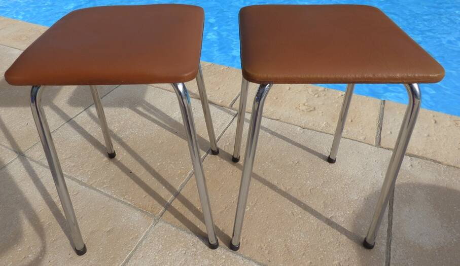 2 vintage stools with faux leather tops