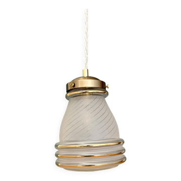 Suspension globe ancien art déco en verre granité blanc et doré