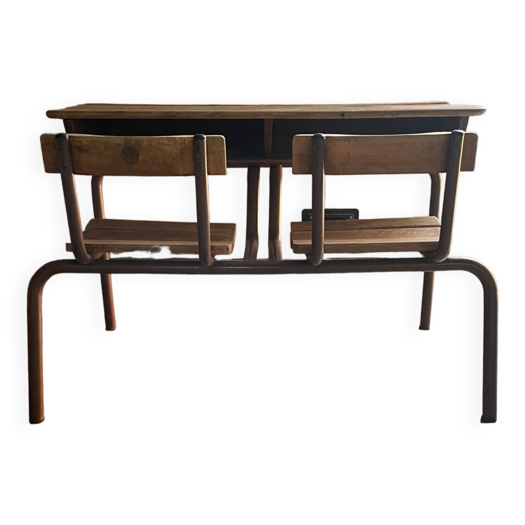 Double wooden desk and brown metal legs