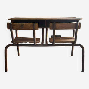 Double wooden desk and brown metal legs