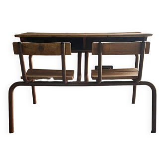 Double wooden desk and brown metal legs