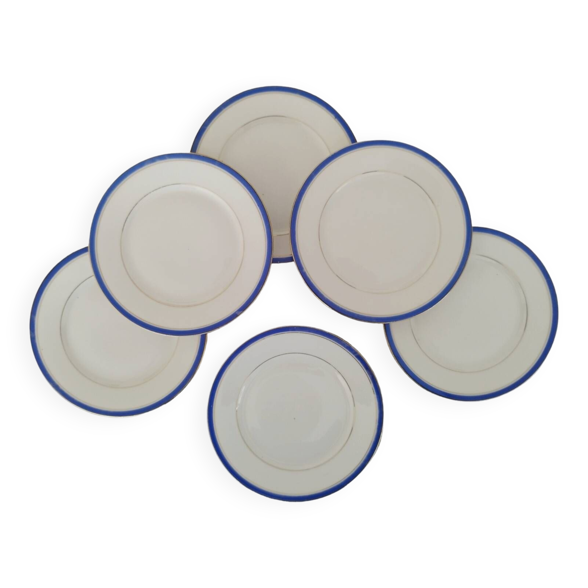 White Porcelain Cheesecake Dessert Plates with Blue Border and Gold Fillet