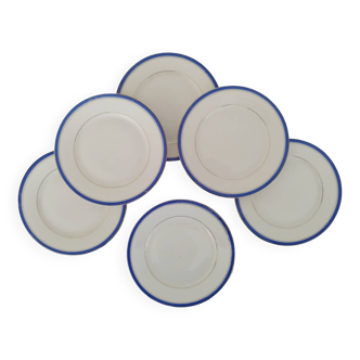 Assiettes à dessert en porcelaine blanche, bordure bleue et filet doré