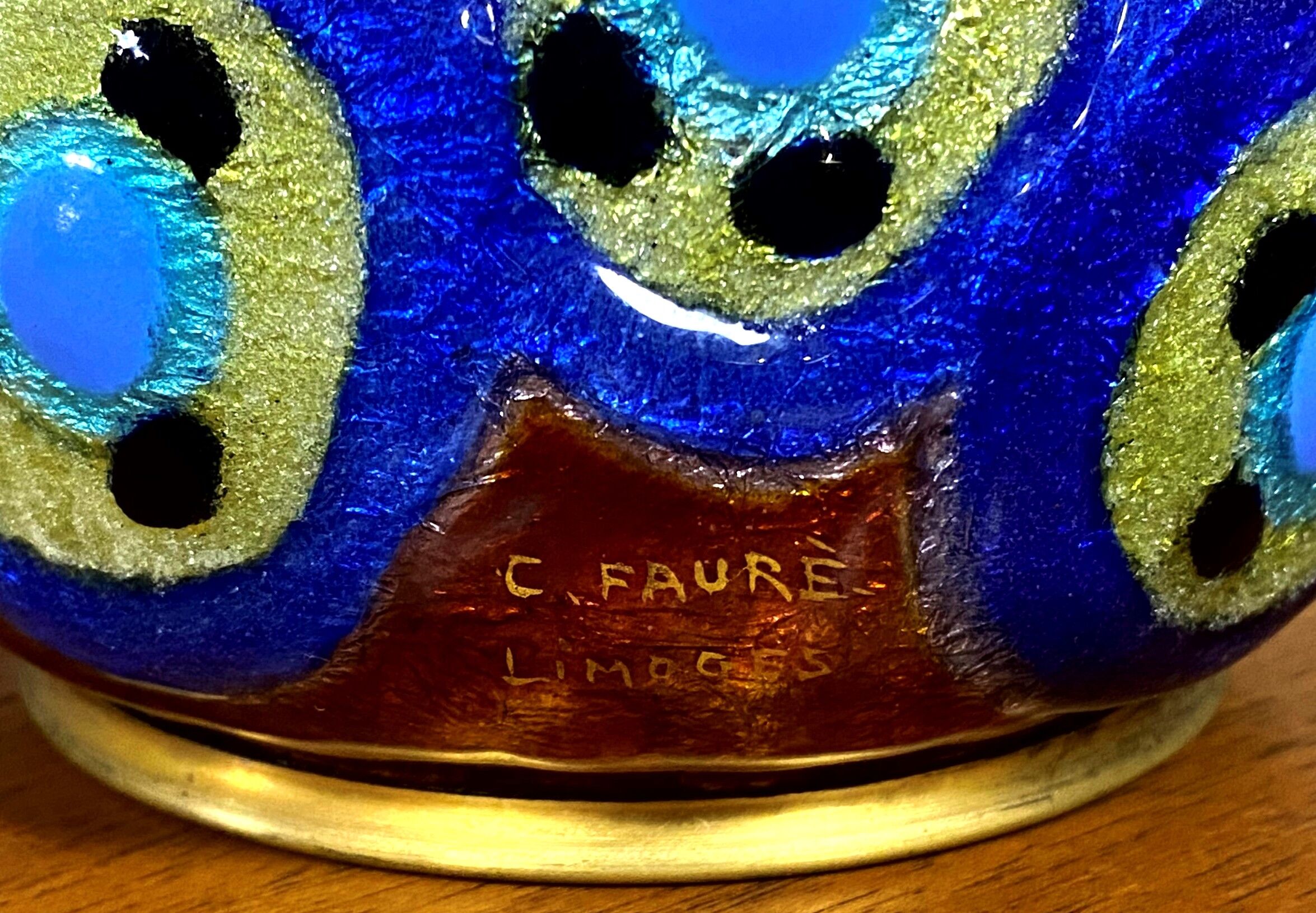 Camille Fauré: Oblong vase circled with brass at the neck and resting on a circular base