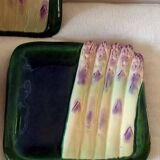 Square asparagus plates in barbotine by Marcel Guillot, set of 8.