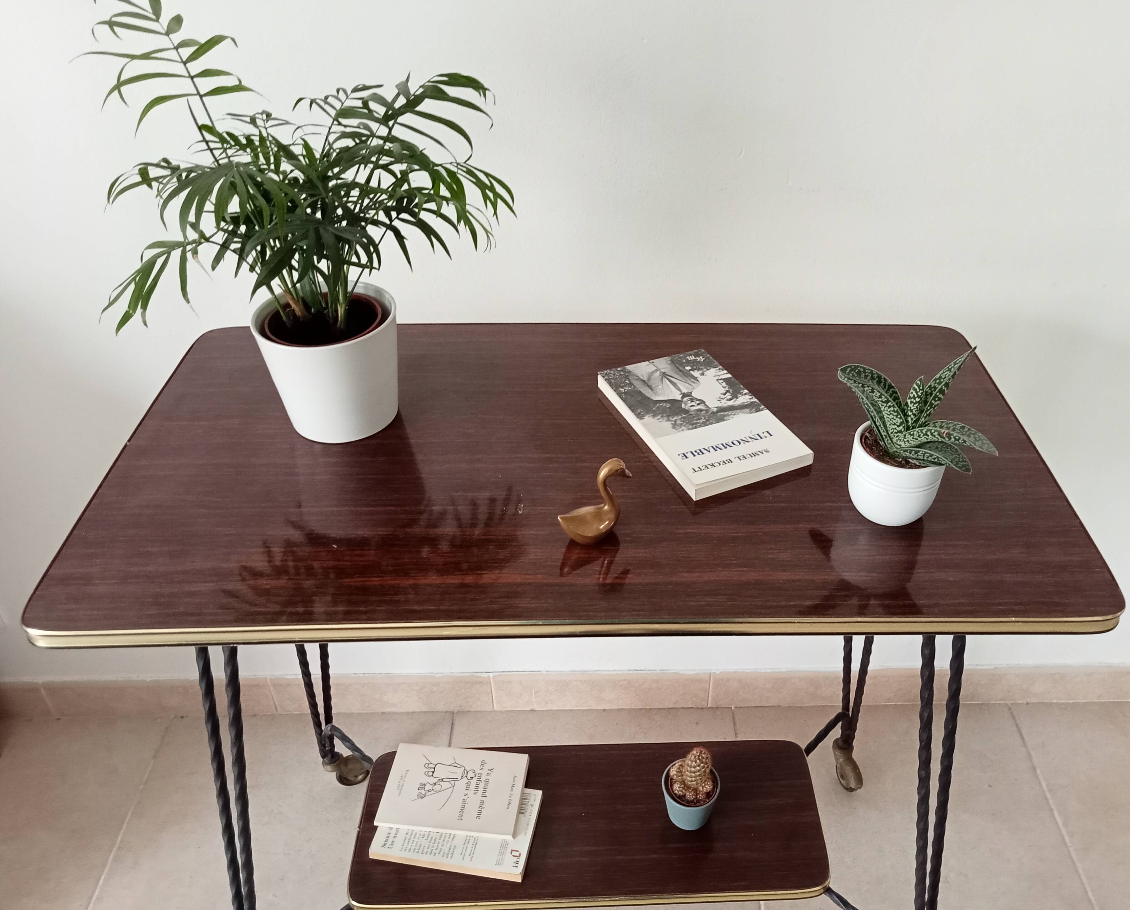 Vintage Formica and wrought iron rolling dessert trolley/side table.