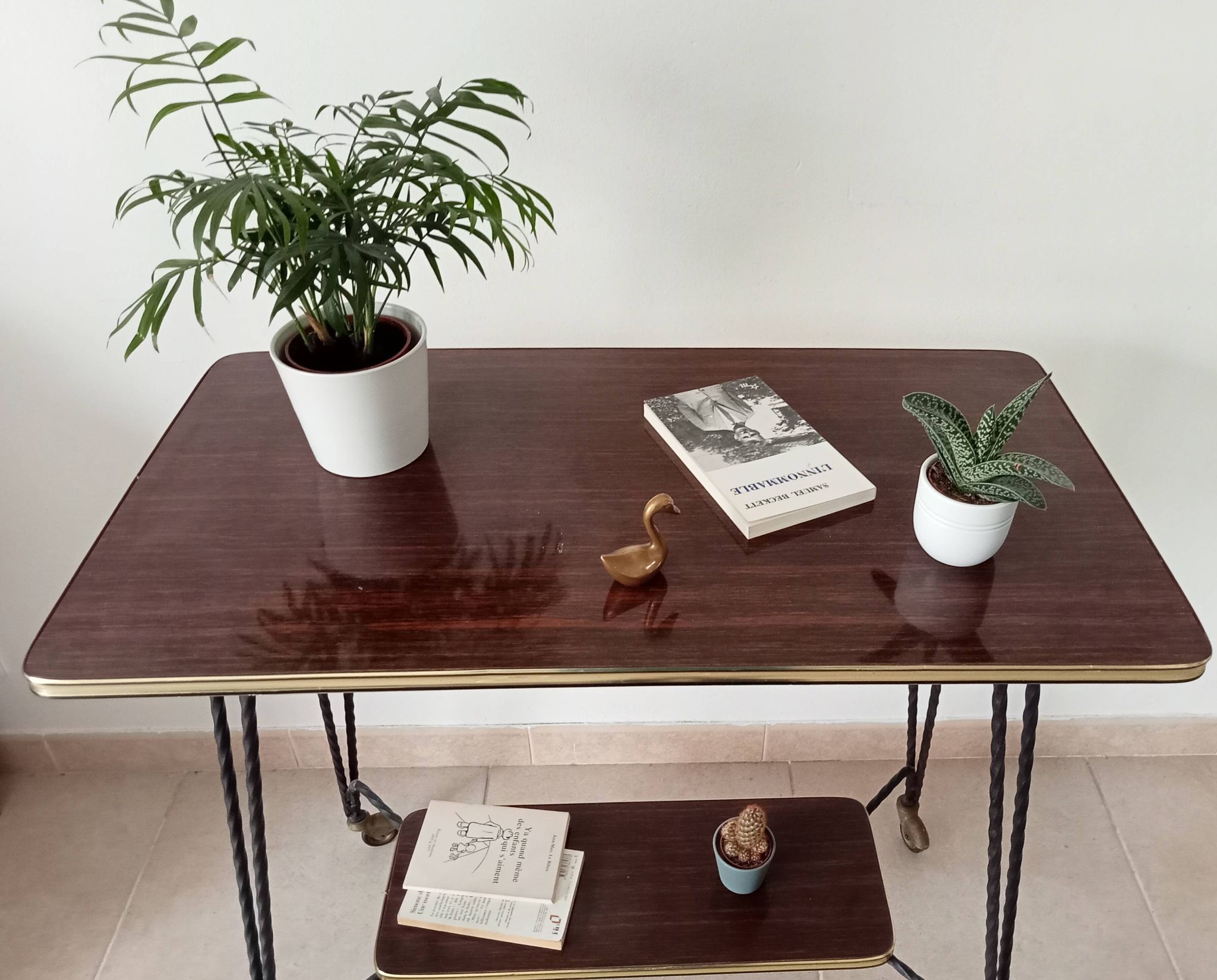 Vintage Formica and wrought iron rolling dessert trolley/side table.