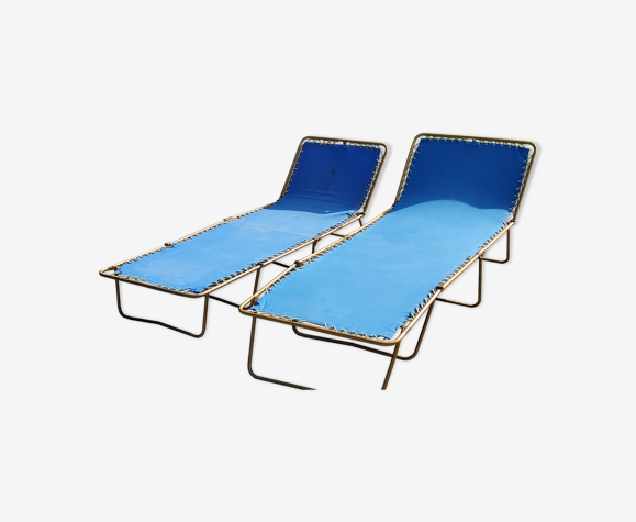 Set de 2 bains de soleil Lafuma des années 60 toile bleue et métal doré