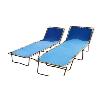 Set of 2 lafuma sunbeds from the 60s blue canvas and gold metal