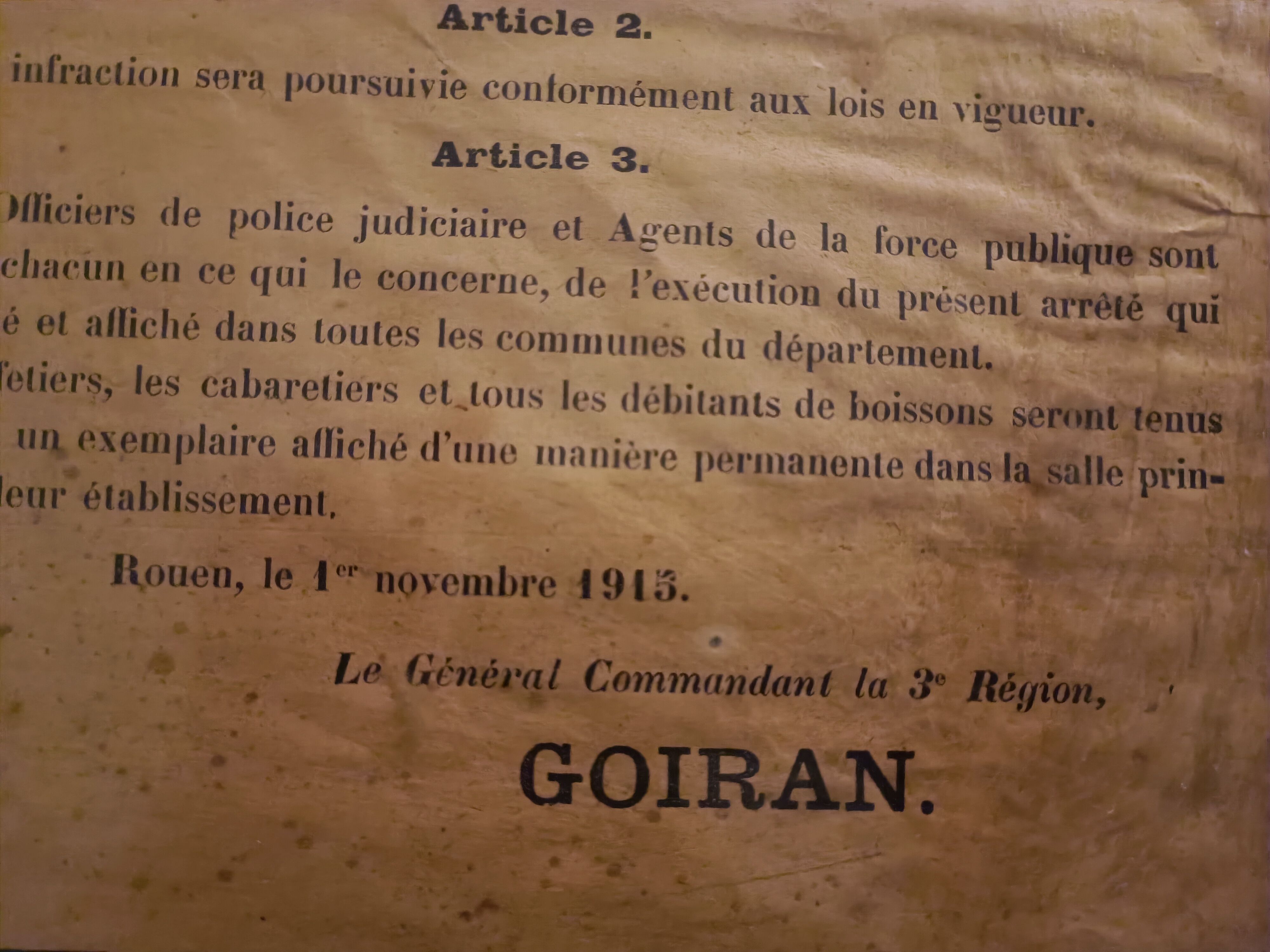 Affiche encadrée  - police des débits de boisson 1915 - WWI