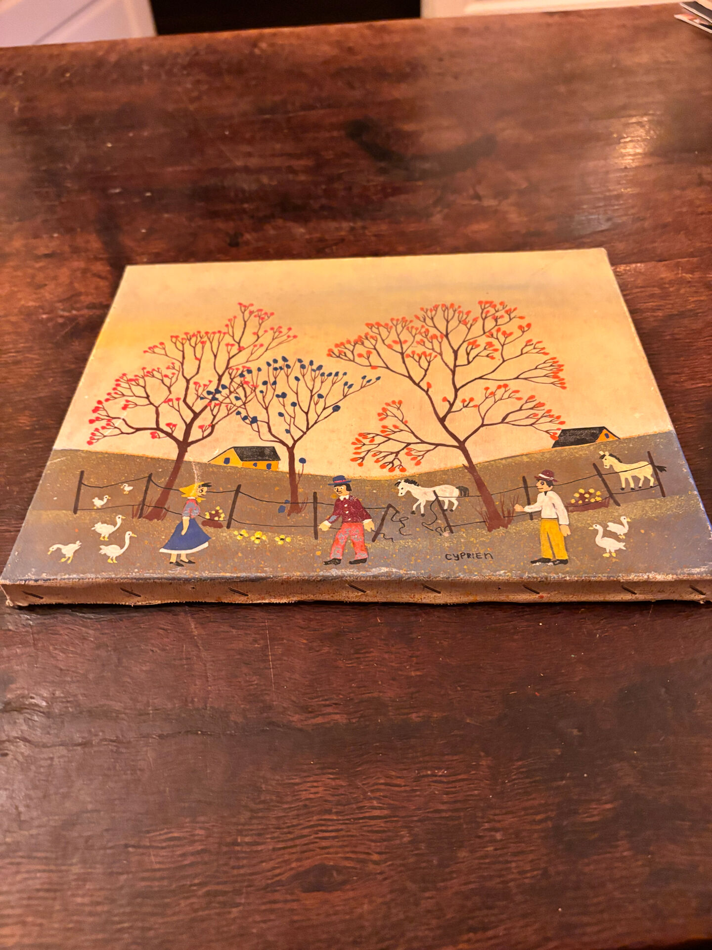 Tableau d'art naïf vintage - Scène champêtre. Art populaire