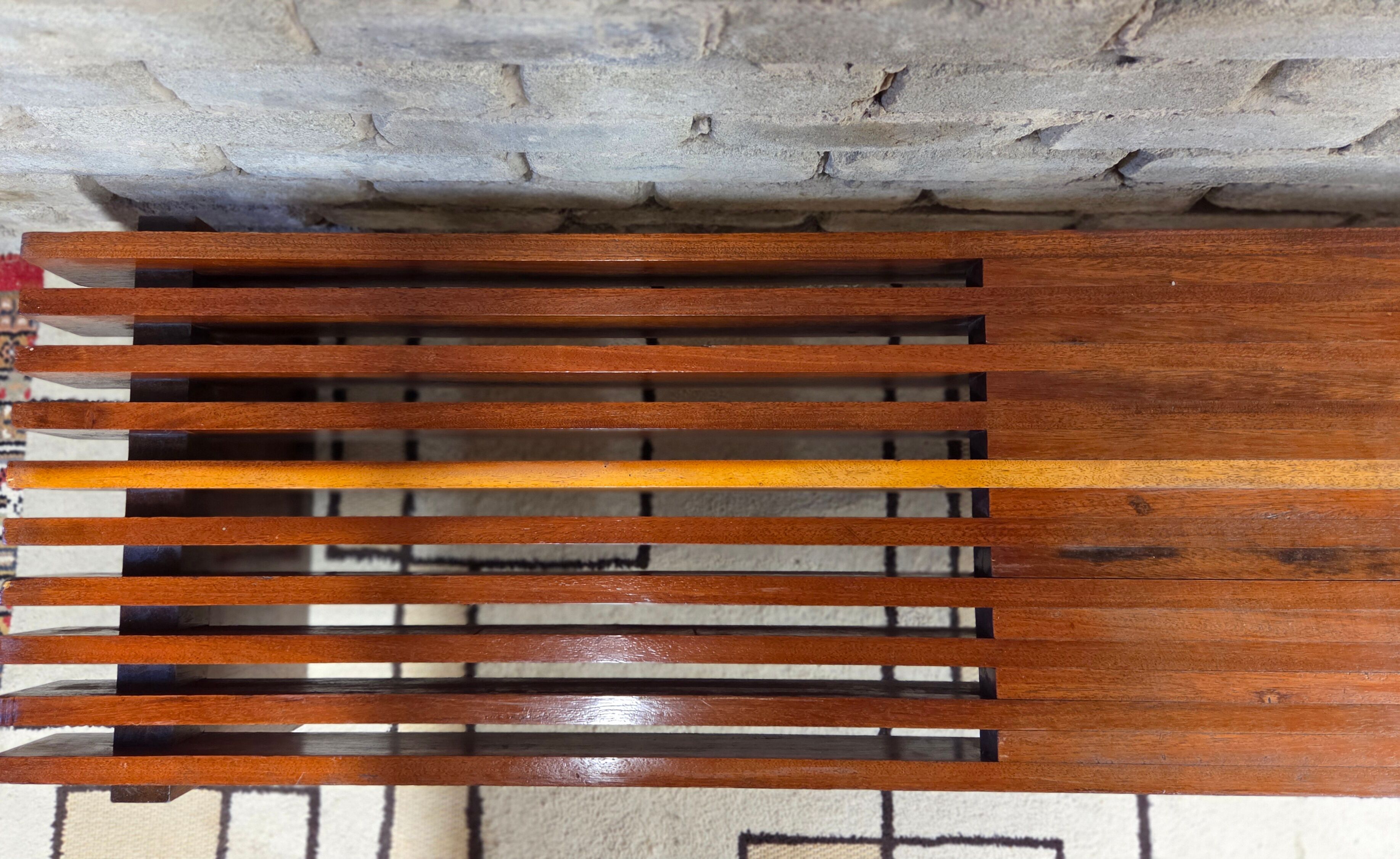 Vintage brutalist bench in solid teak with slats – 1970s