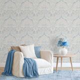 Blue and white ceramic table lamp, William Morris Acanthus shade, Dutch vintage.