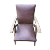 Fauteuil  en bois et simili cuir marron
