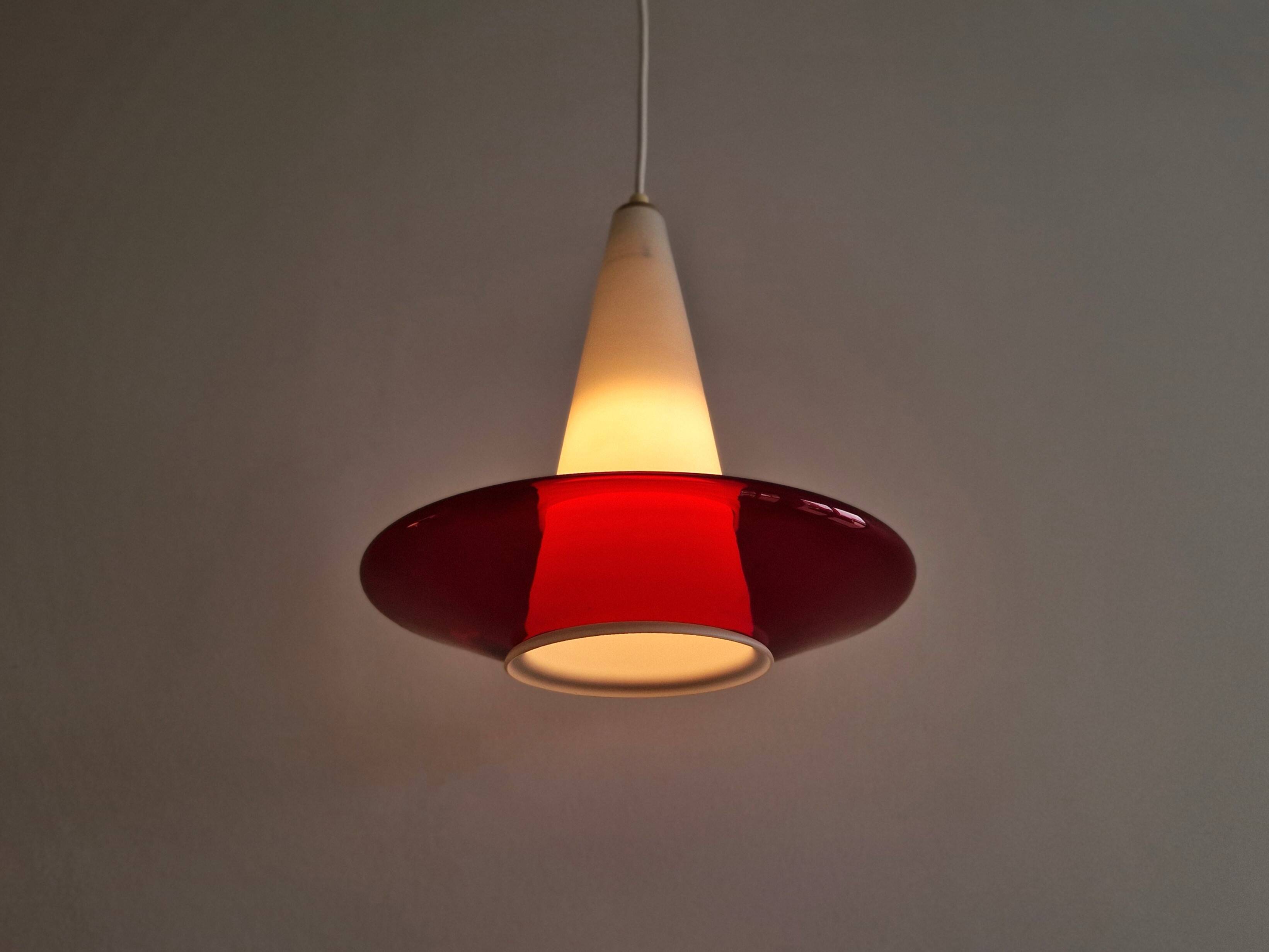 Red and opaline glass pendant lamp, 1960's