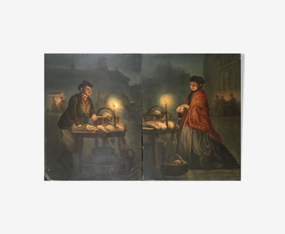 Pendant de tableaux "Marché de nuit" cf.Andreas Franciscus Vermeulen (1821-1884)