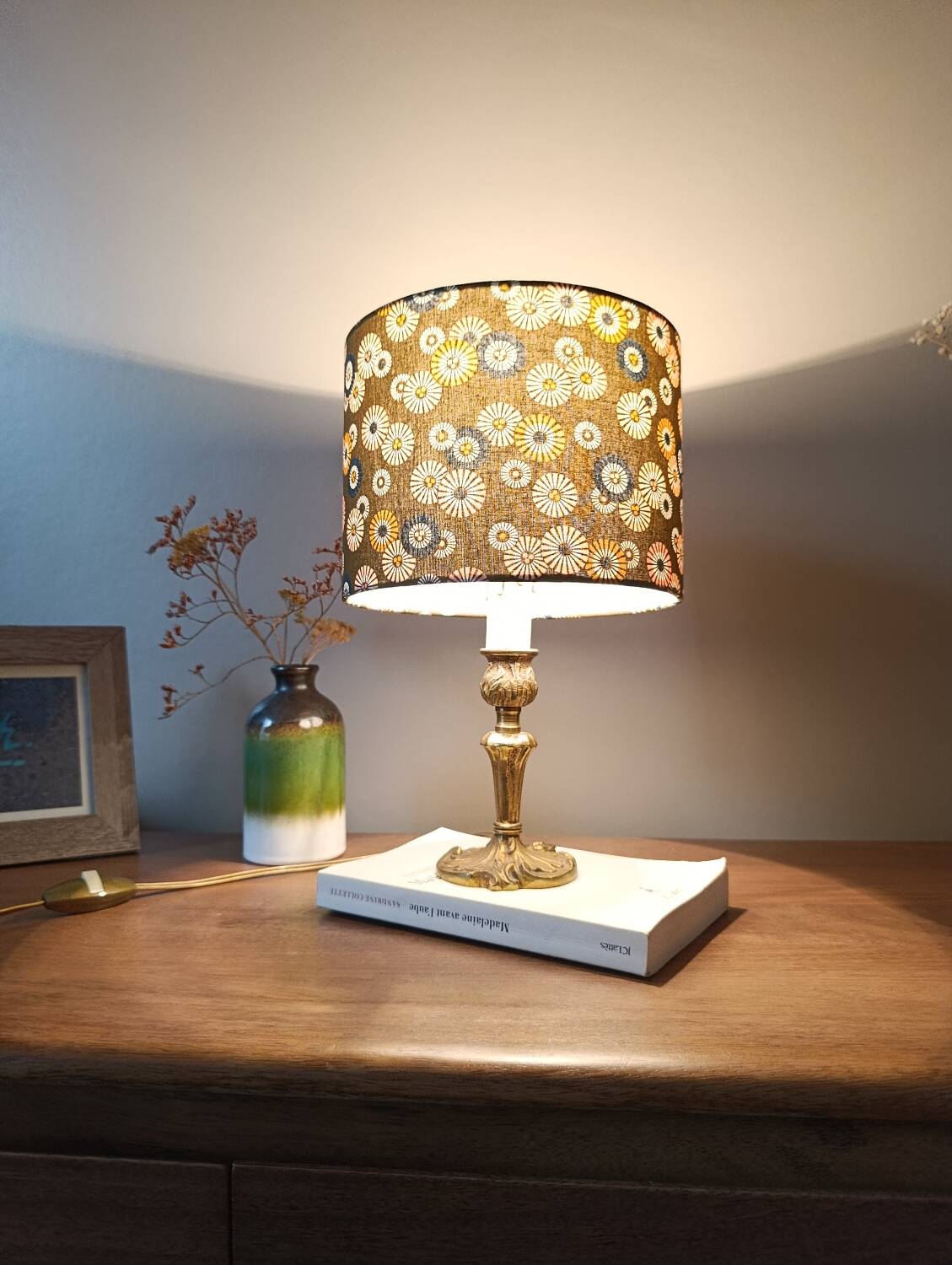 brass table lamp | khaki lampshade with multicoloured daisies