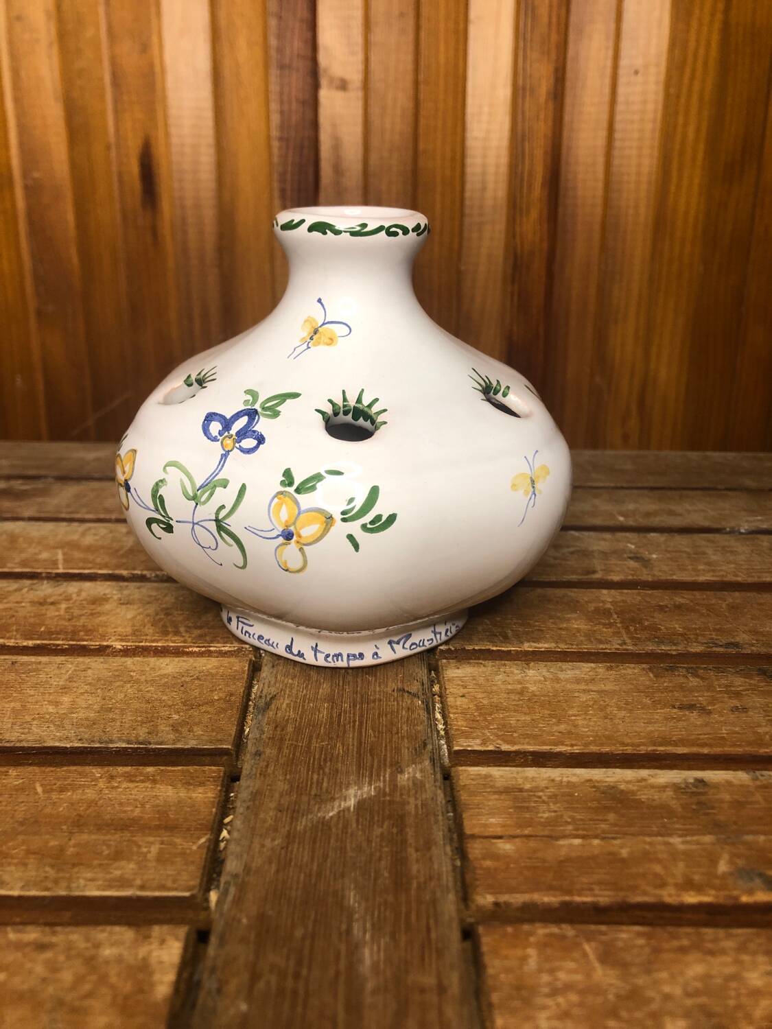 Old moustiers flower stick vase vintage painted white ceramic