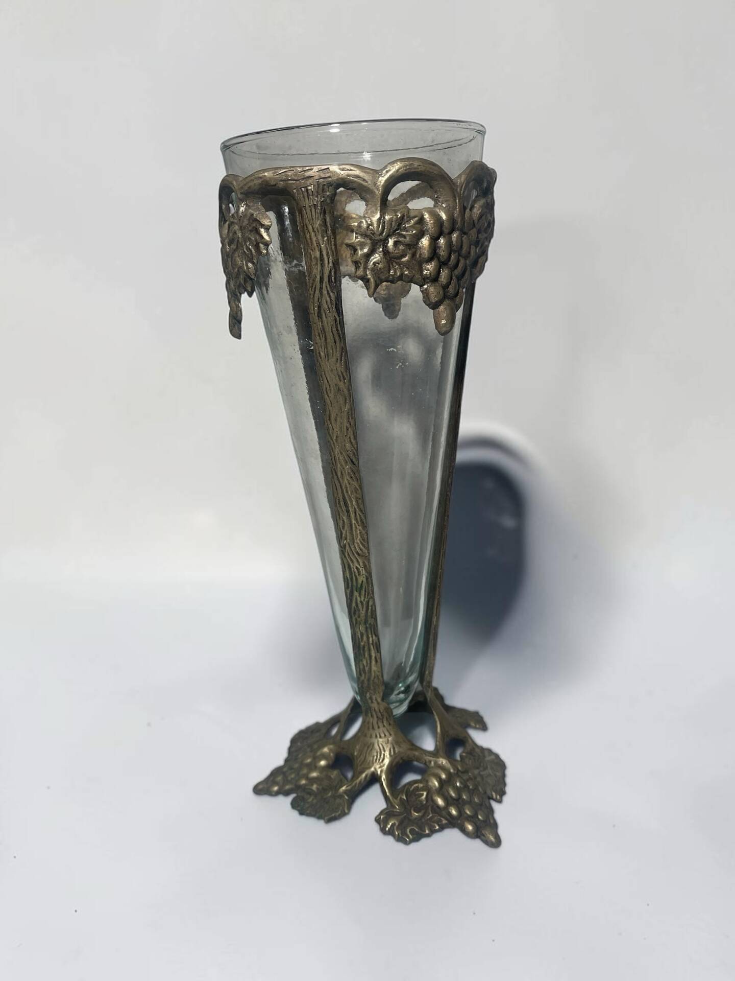 Antique Art Nouveau vase in patinated bronze metal with removable glass.