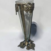 Antique Art Nouveau vase in patinated bronze metal with removable glass.