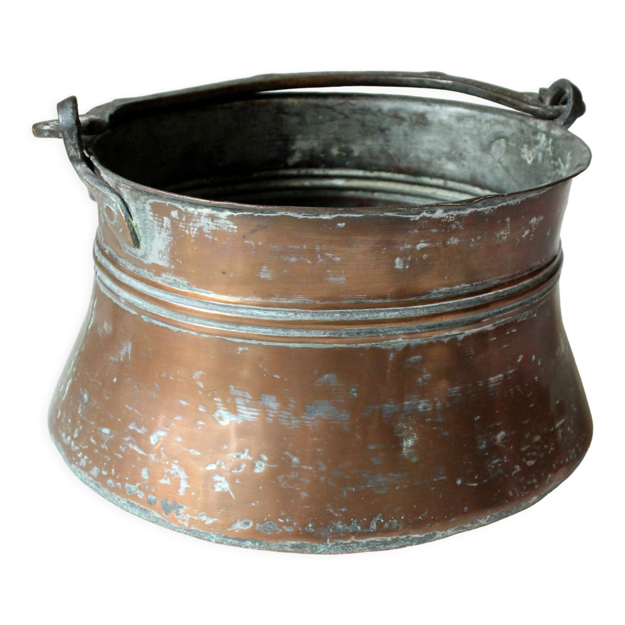 Large copper planter with wrought iron handle, Boho, vintage from the 1950s