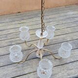 Ceiling chandelier with 5 tulip branches, diamond tip, brass style, 1950s