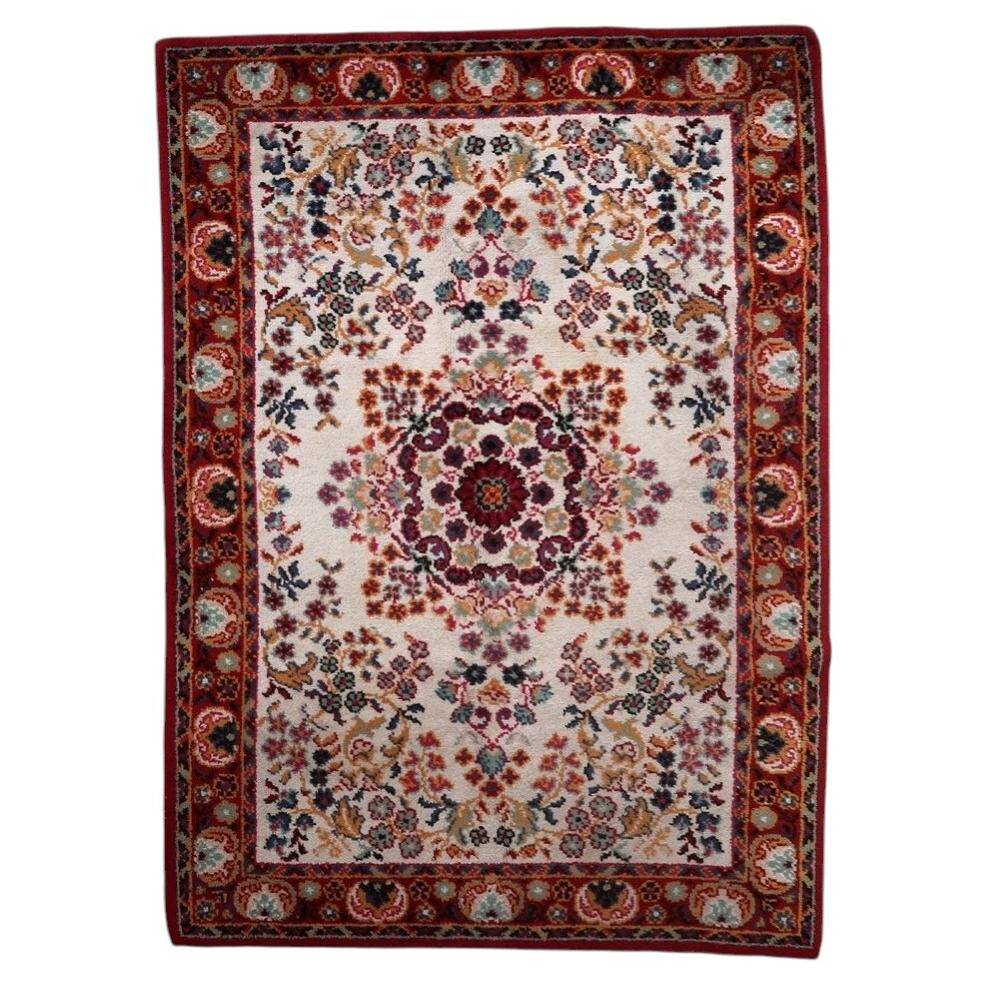 Vintage French Savonnerie wool rug, ivory field & rosace medallion, crimson border, c. 1950s — 202 × 290 cm — 1C1281