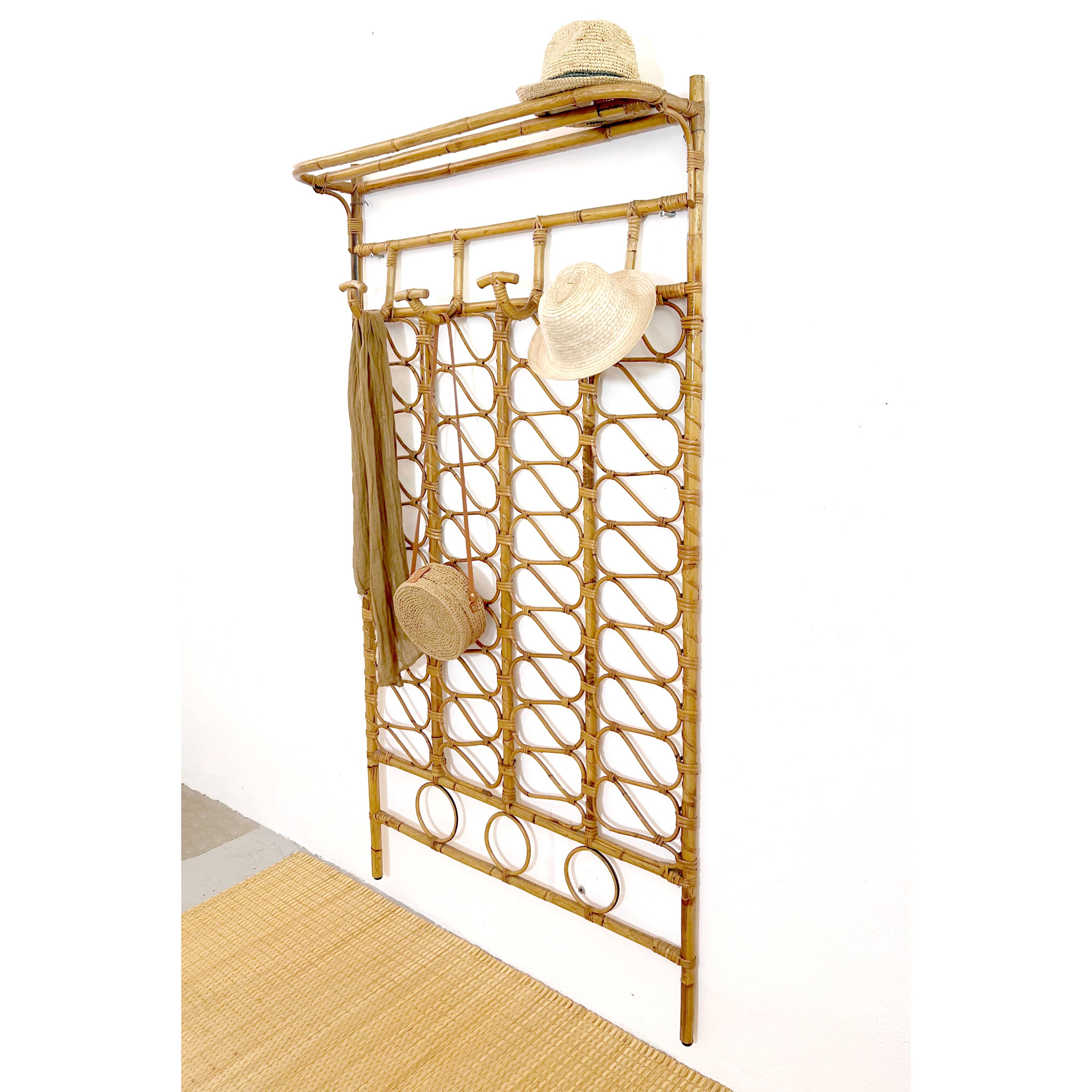 Large rattan wall coat rack, Italy, 1960s.