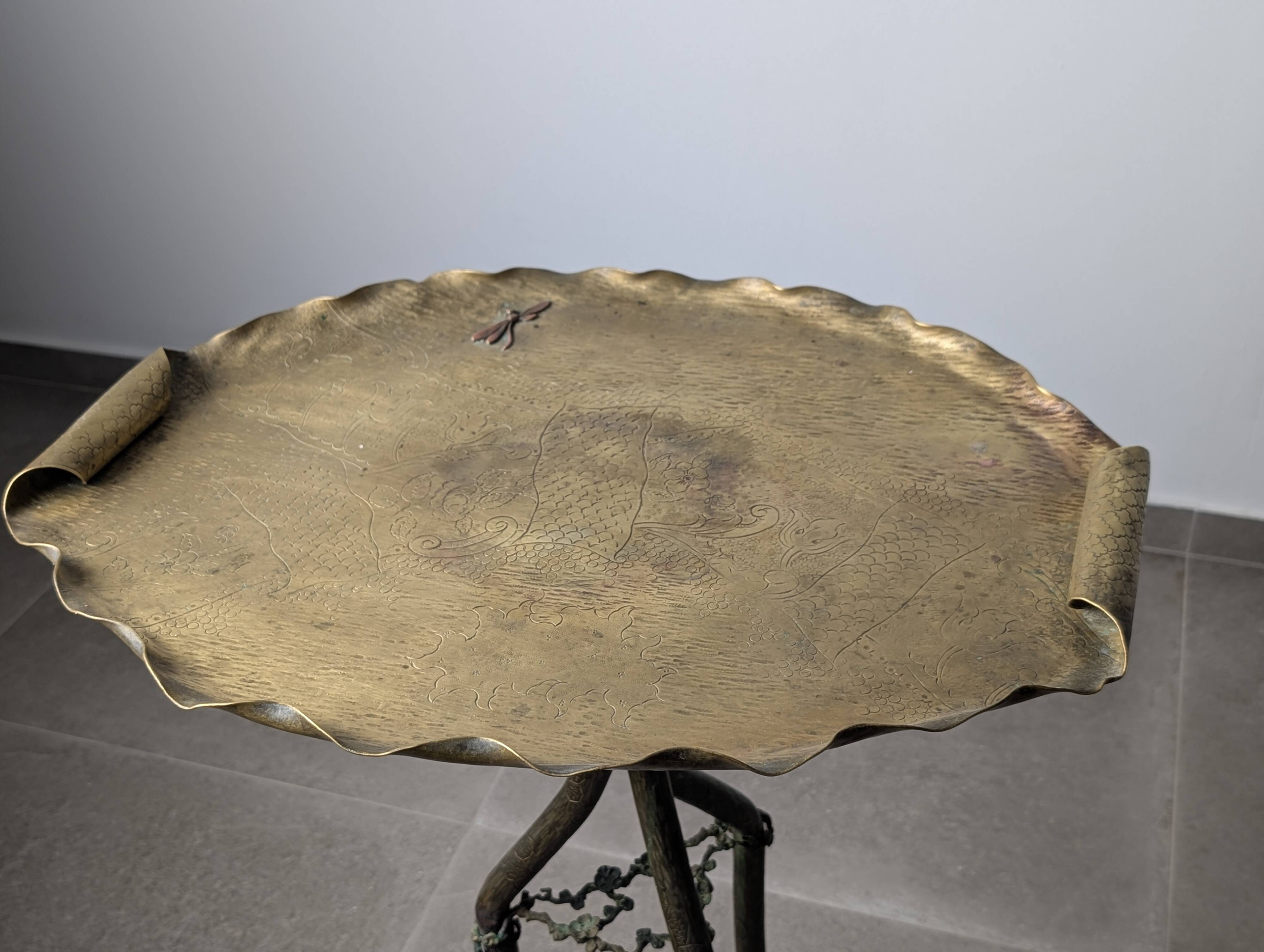 Japanese Art Nouveau bronze and brass table with dragonfly, 1920s
