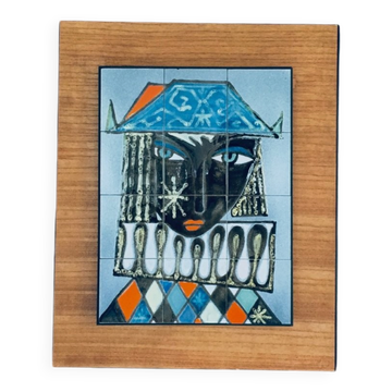 Vintage Italian Ceramic Art Blue Harlequin Tile Panel, 1960s