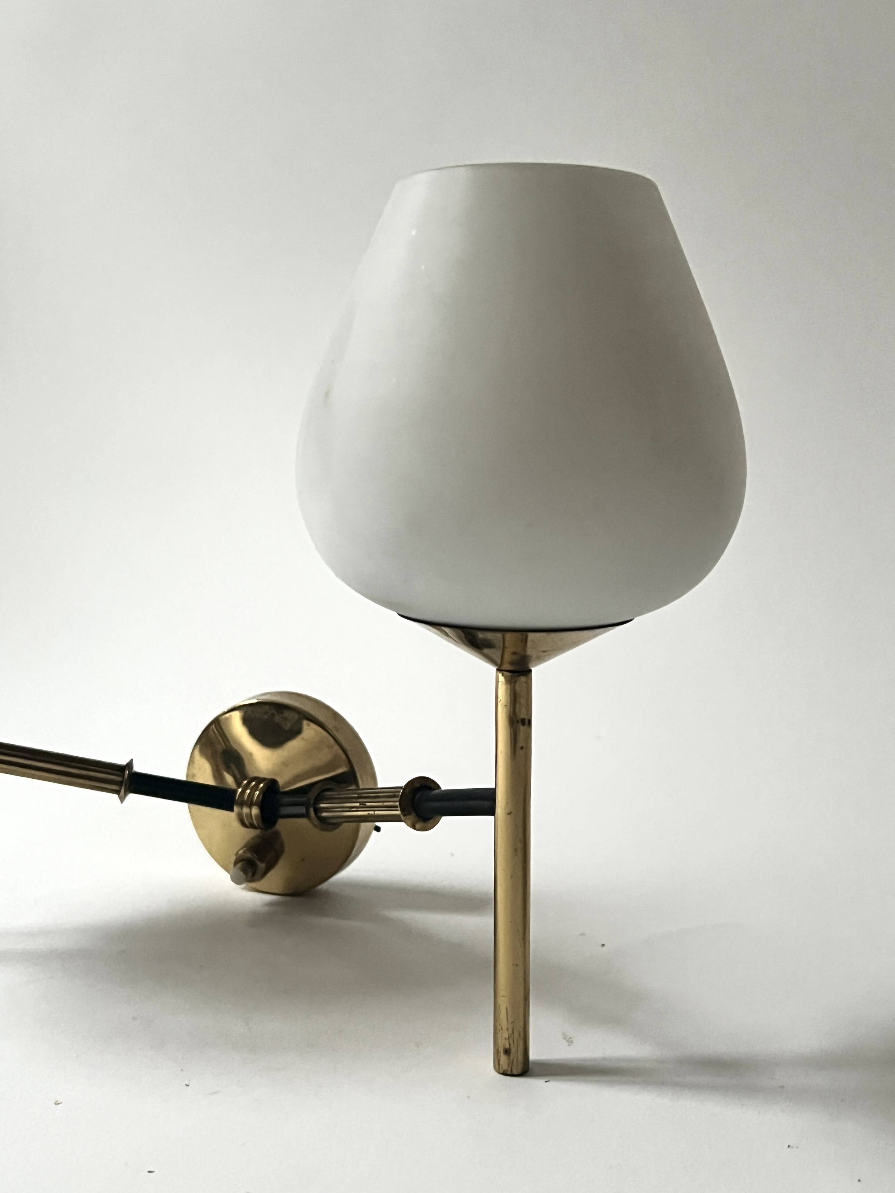 2 double wall lights in brass and white opaline glass, Arlus design 1950