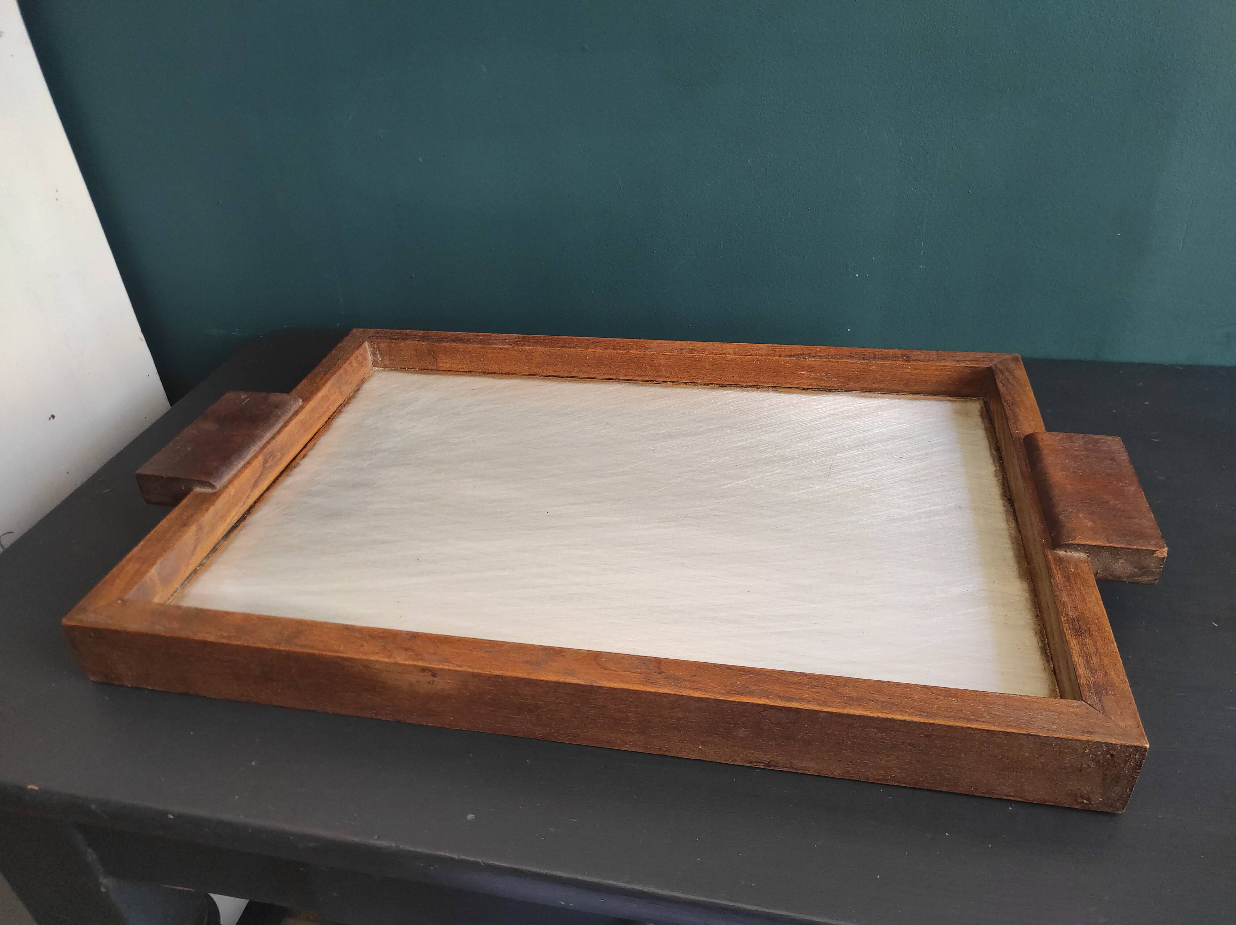 French vintage tray from the 50s, oak and glass