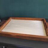 French vintage tray from the 50s, oak and glass
