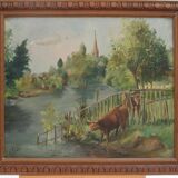 Oil on canvas, cows in the meadow, Maurice Godin