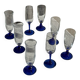 Set of 6 blue-footed champagne flutes; 3 pairs of designs.
