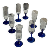 Set of 6 blue-footed champagne flutes; 3 pairs of designs.