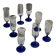 Set of 6 blue-footed champagne flutes; 3 pairs of designs.