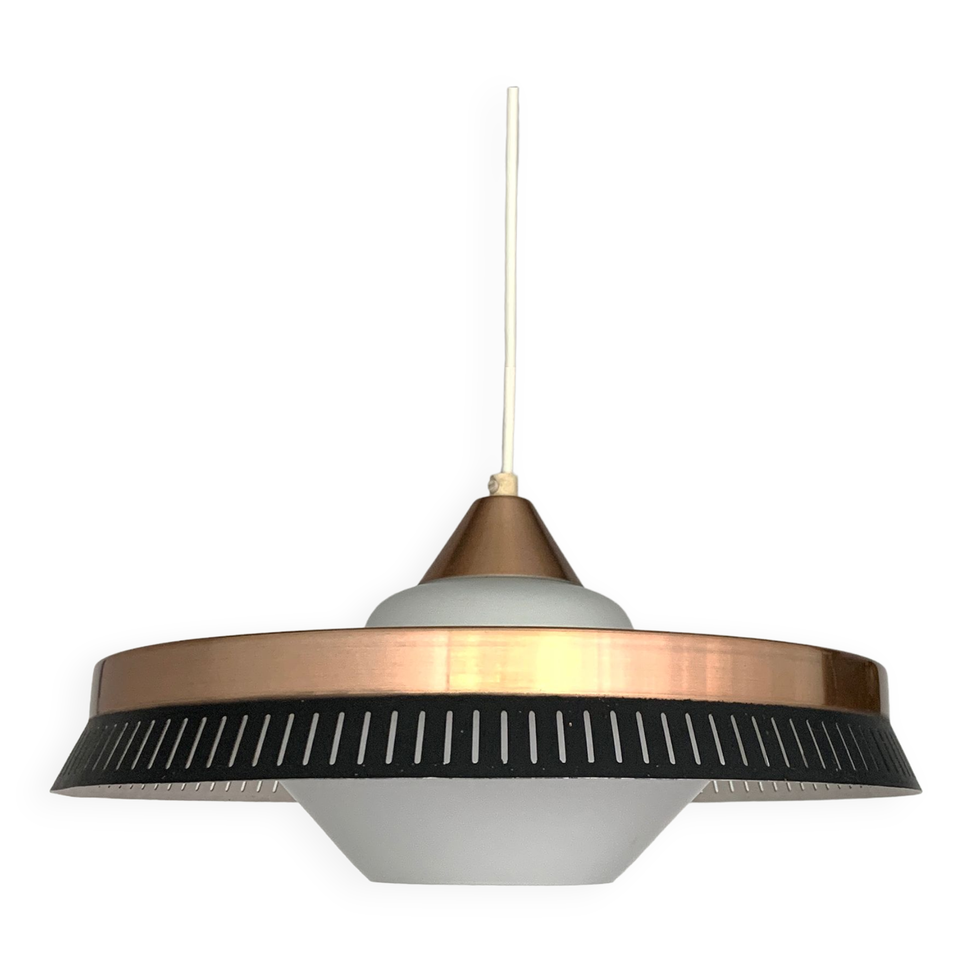 Scandinavian suspension lamp in copper and opaline glass, Bent Karlby for Lyfa, Denmark, 1960s