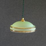 Suspension ancienne années 40 en verre granité vert avec filets dorés, douille et cable neufs