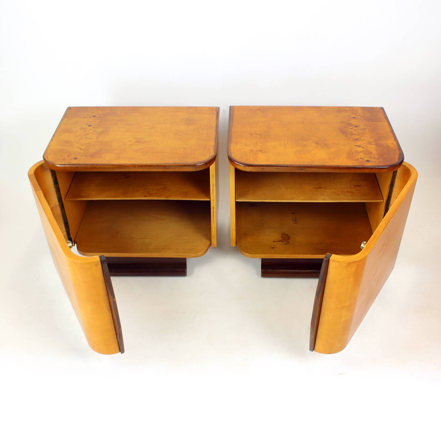 Pair Of Art Deco Bedside Tables, Walnut Veneer, Czechoslovakia, 1940s