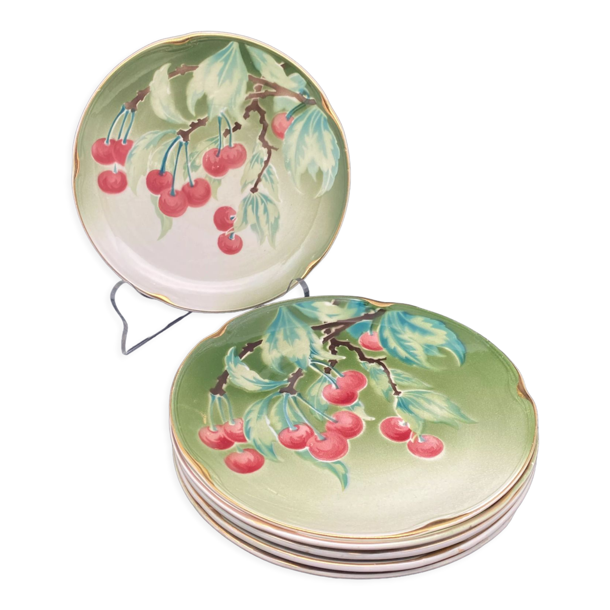 Lunéville cherry plates with golden edges