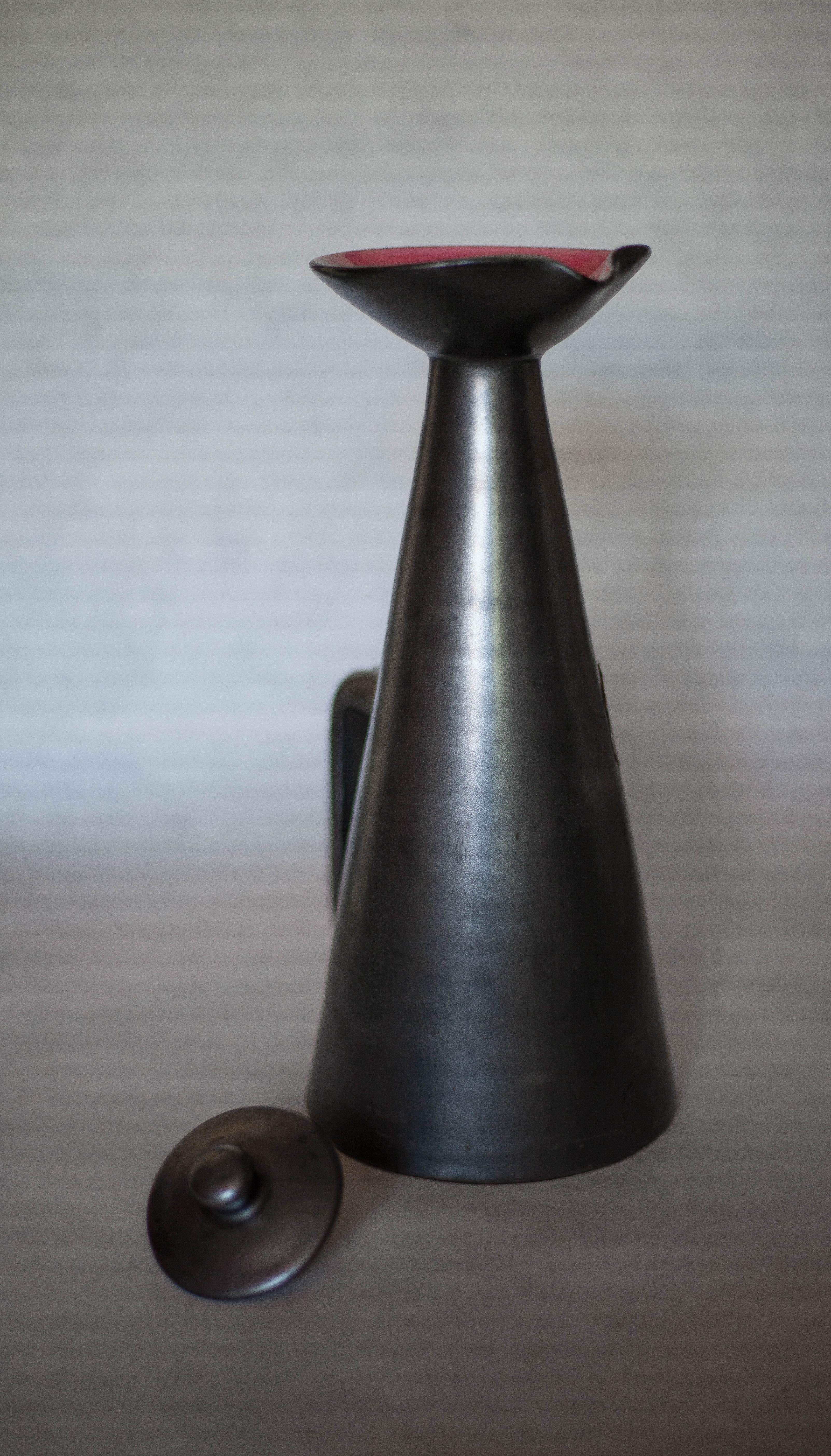 Ceramic pitcher of Louviers manufacture 50s, pitcher with conical handle