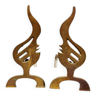 Pair of vintage design andirons bronze flame for fireplace