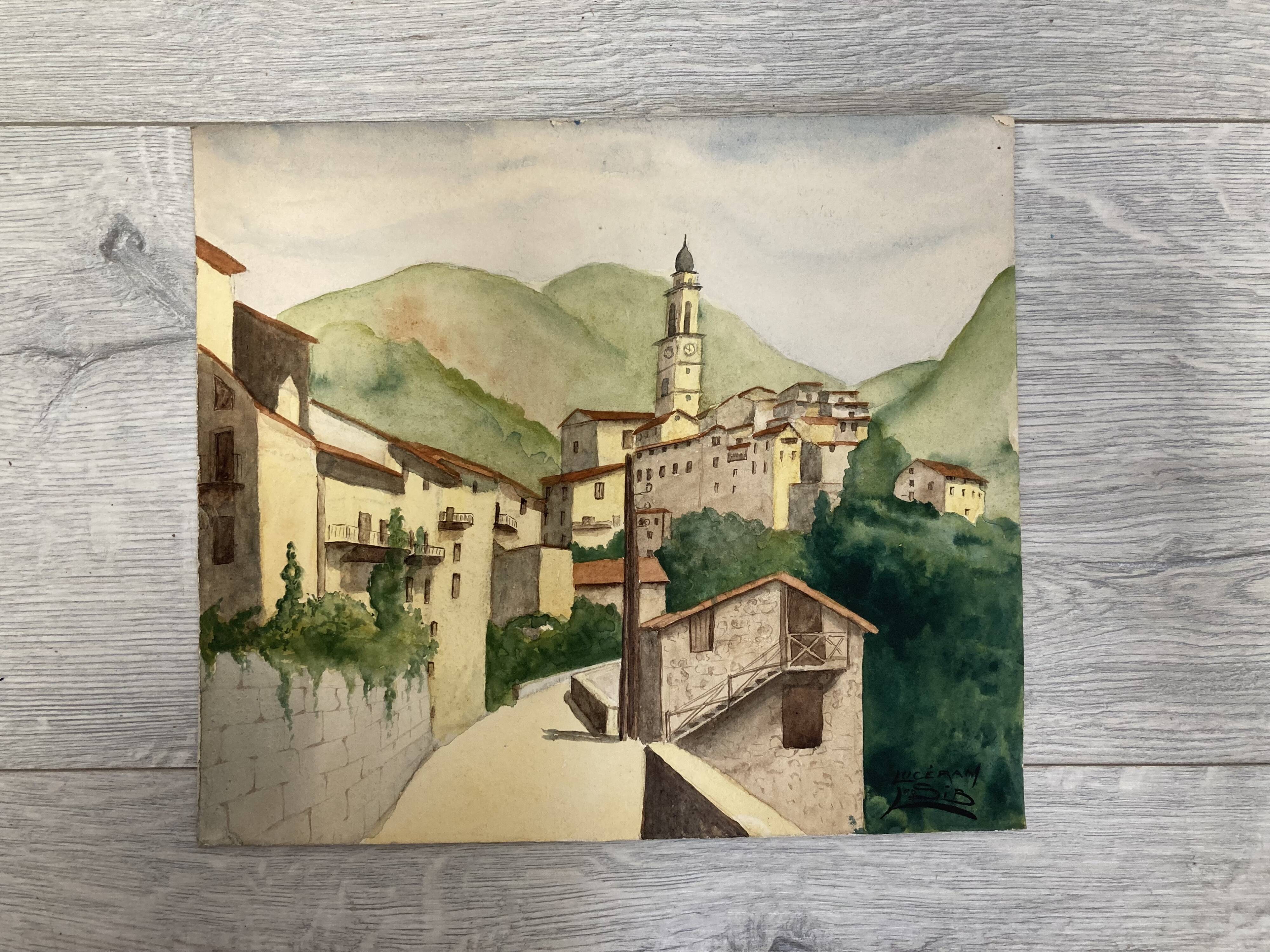 Signed watercolor of landscape with bell tower