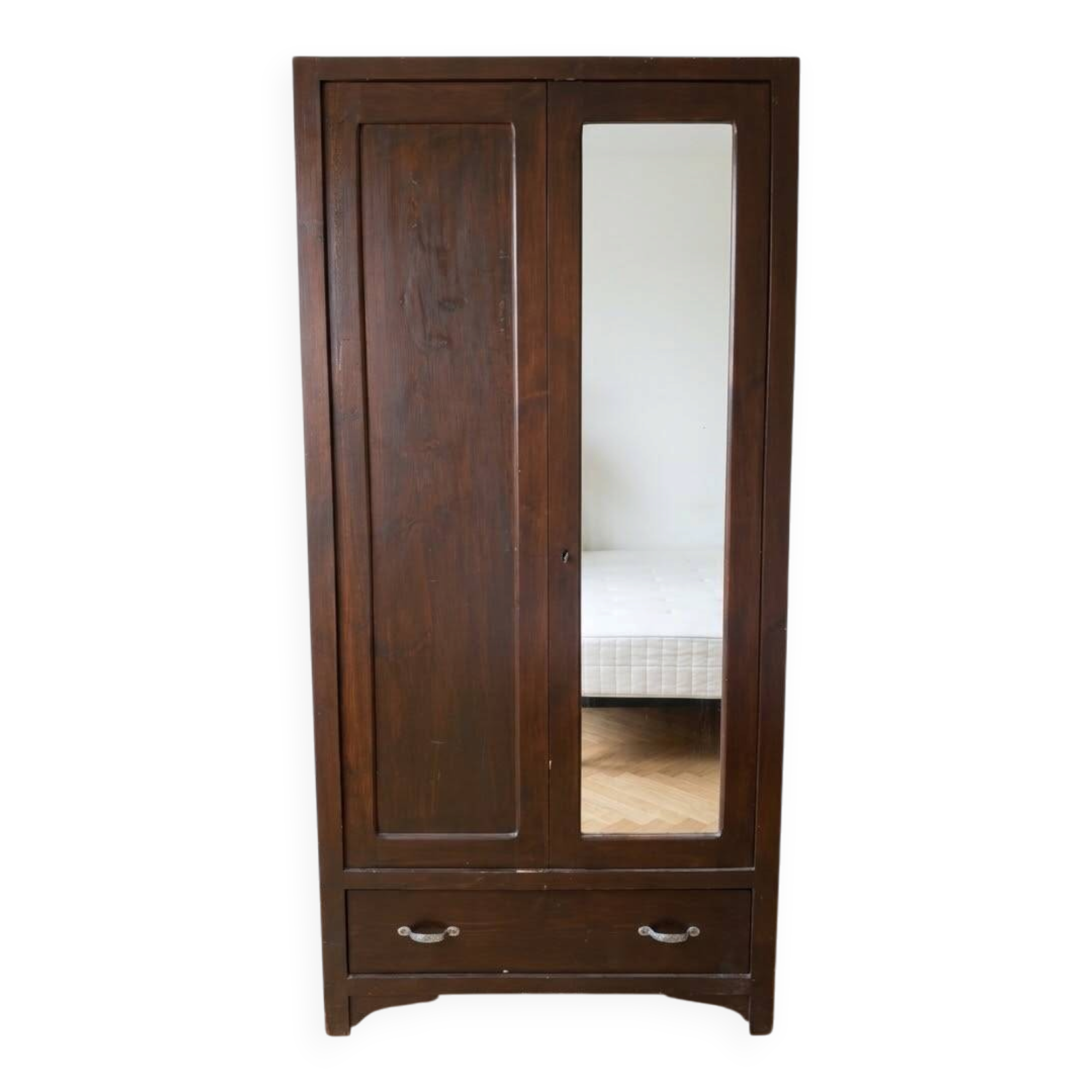 Rustic handcrafted wooden wardrobe with mirror