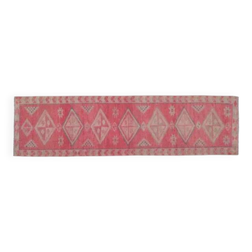 Tapis couloir vintage turc fait main en laine et coton rose des années 1970 86x319