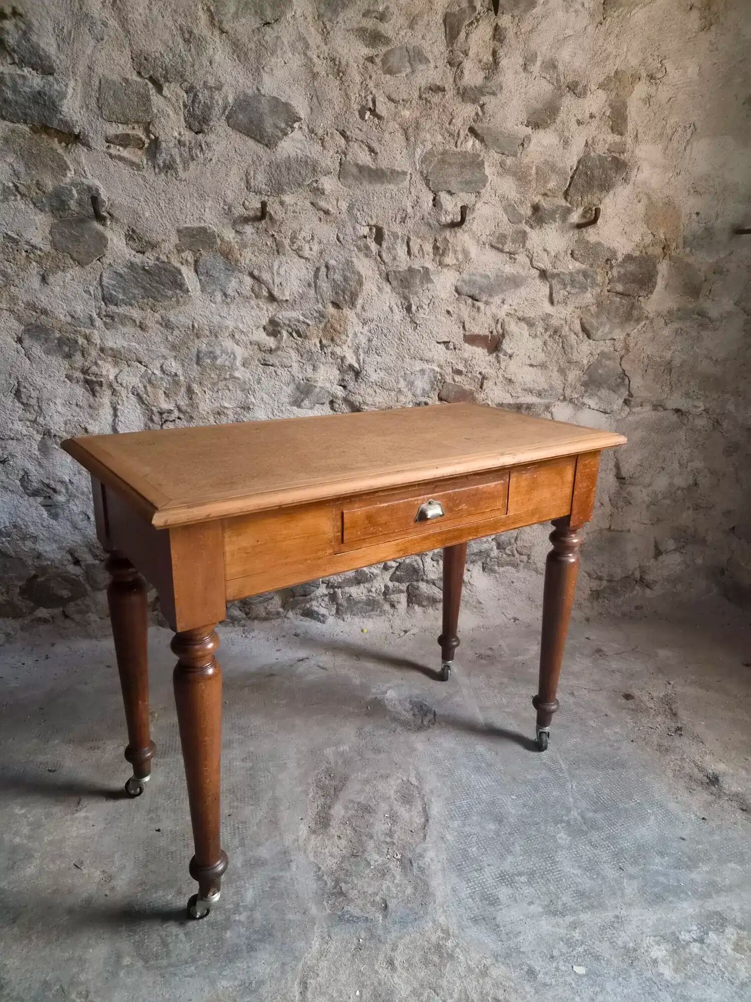 Vintage beech desk with a linoleum top and drawer.
