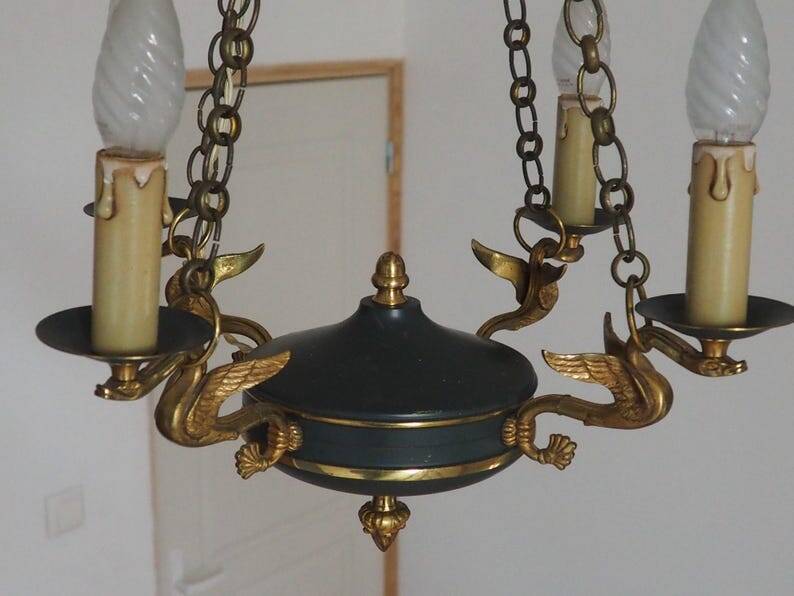 Vintage French Empire Swan Chandelier: Bronze Brass Toleware, C1950s
