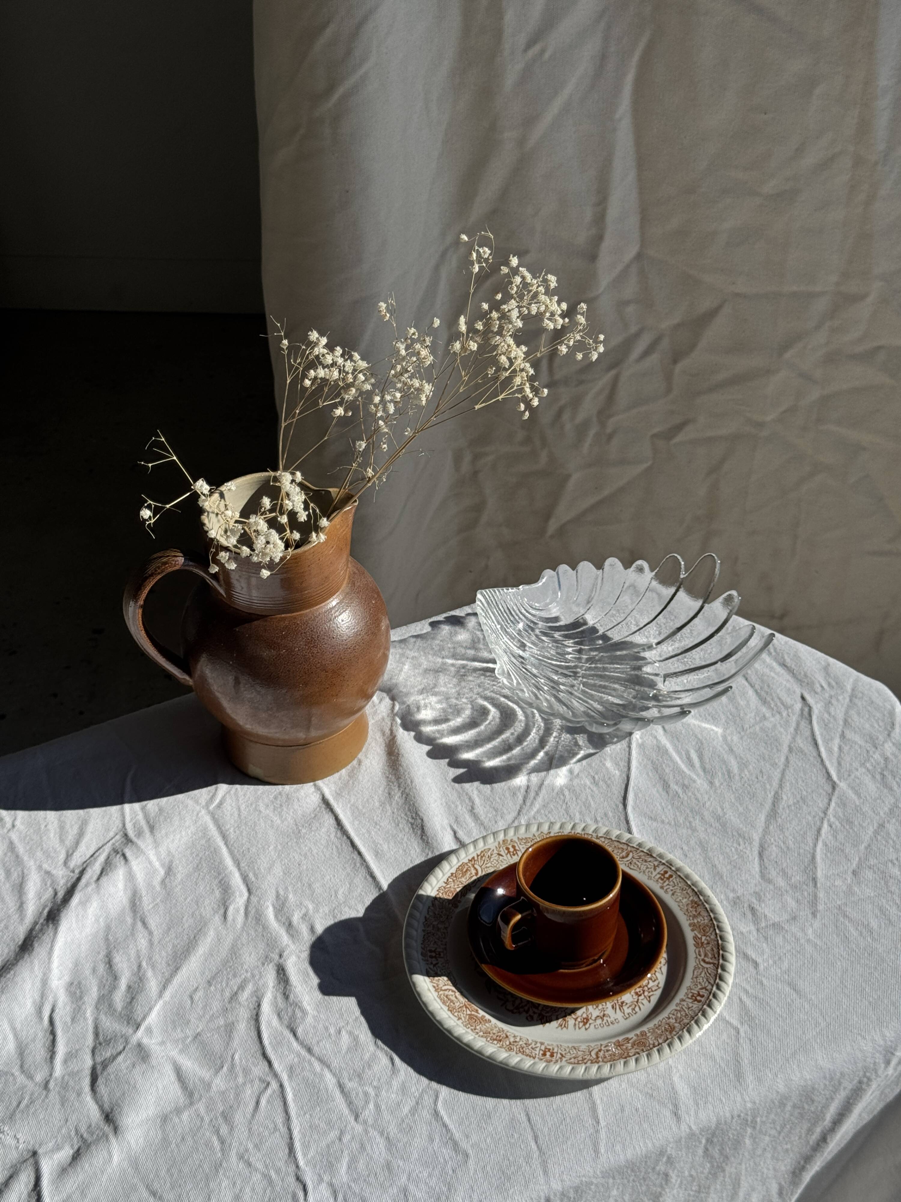 Set of 6 vintage brown glazed ceramic espresso cups with saucers.